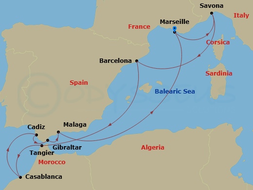 Route map: Marseille (France) → Savona (Italy) → Barcelona (Spain) → Tangier (Morocco) → Casablanca (Morocco) → Cadiz (Spain) → Gibraltar (Uk) → Malaga (Spain) → Marseille (France)