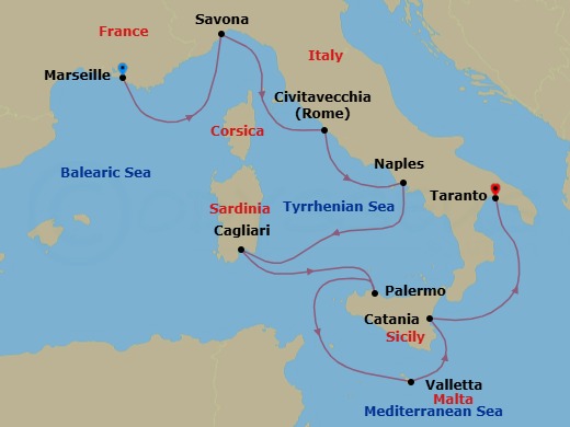 Route map: Marseille → Savona → Civitavecchia (Rome) → Naples → Cagliari → Palermo → MALTA LA VALLETTA → Catania → Taranto
