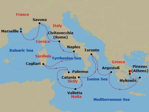 Route map: Marseille → Savona → Civitavecchia (Rome) → Naples → Cagliari → Palermo → MALTA LA VALLETTA → Catania → Taranto → Argostoli (Kefalonia)