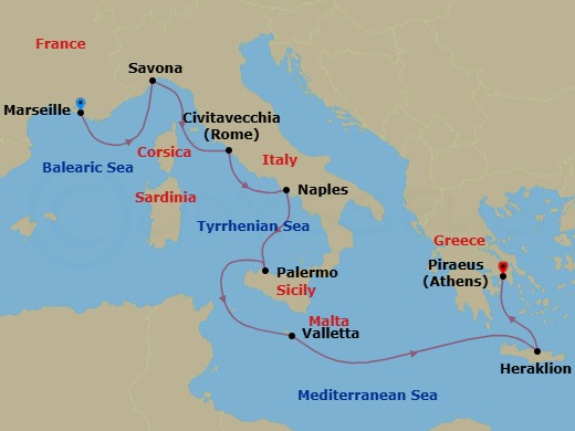 Route map: Marseille → Savona → Civitavecchia (Rome) → Naples → Palermo → MALTA LA VALLETTA → Heraklion (Crete) → Piraeus (Athens)