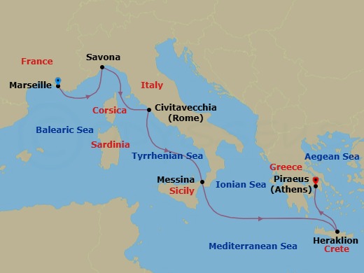 Route map: Marseille → Savona → Civitavecchia (Rome) → Messina (Taormina) → Heraklion (Crete) → Piraeus (Athens)