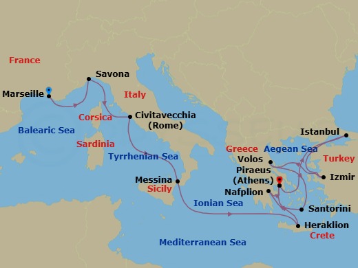 Route map: Marseille → Savona → Civitavecchia (Rome) → Messina (Taormina) → Heraklion (Crete) → Piraeus (Athens) → Istanbul → Izmir → Volos (Meteora) → Thira (Santorini)