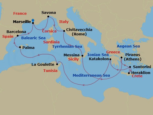 Route map: Marseille → Savona → Civitavecchia (Rome) → Messina (Taormina) → Piraeus (Athens) → Heraklion (Crete) → Thira (Santorini) → Katakolon (Olympia) → La Goulette (Tunis) → PALMA DE MALLORCA