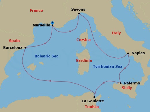 Route map: Marseille → Savona → Naples → Palermo → La Goulette (Tunis) → Barcelona → Marseille