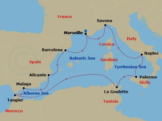 Route map: Marseille → Savona → Naples → Palermo → La Goulette (Tunis) → Tangier → Malaga → Alicante → Barcelona → Marseille