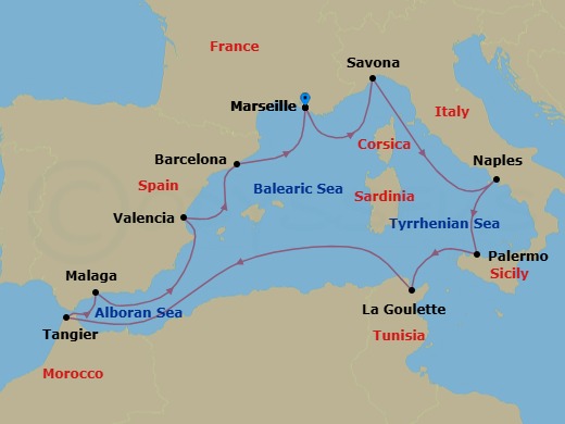 Route map: Marseille → Savona → Naples → Palermo → La Goulette (Tunis) → Tangier → Malaga → Valencia → Barcelona → Marseille