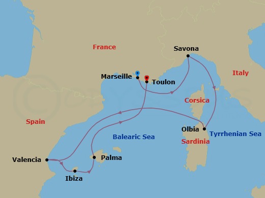 Route map: Marseille → Savona → Olbia (costa Smeralda) → Valencia → IBIZA → PALMA DE MALLORCA → La Seyne(StTropez)