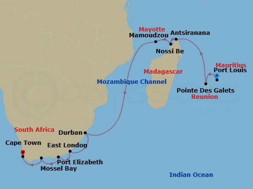 Route map: Port Louis → Pointe Des Galets → Antsiranana (Diego Suarez) Madagascar → Nossi Be → Antsiranana → Durban → Port Elizabeth → Mossel Bay → Cape Town