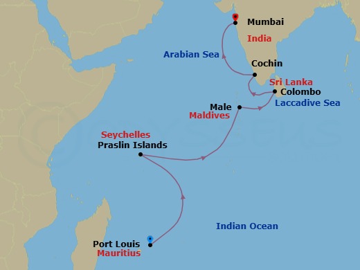 Route map: Port Louis → Praslin (La Digue) → Male → Colombo → Cochin (Kochi) → Mumbai (Bombay)