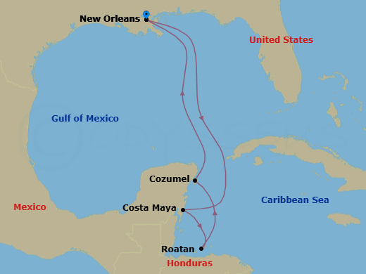 Route map: New Orleans, Louisiana → Puerto Costa Maya, Mexico → Roatan, Honduras → Cozumel, Mexico → New Orleans, Louisiana