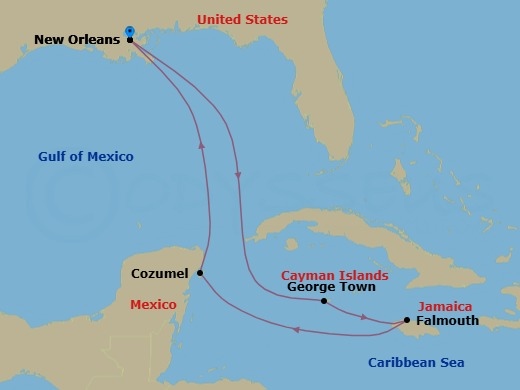 Route map: New Orleans, Louisiana → George Town, Grand Cayman → Falmouth, Jamaica → Cozumel, Mexico → New Orleans, Louisiana