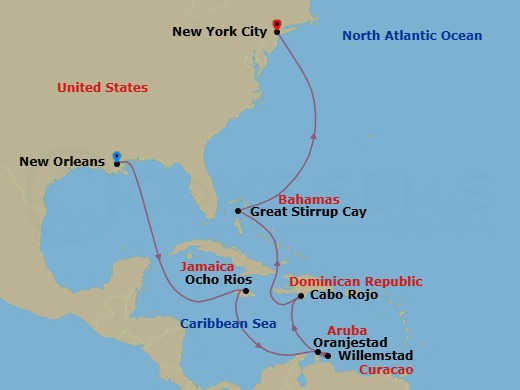 Route map: New Orleans, La → Ocho Rios, Jamaica → Willemstad, Netherland Antilles → Oranjestad, Aruba → Cabo Rojo, Dominican Republic → Great Stirrup Cay, Bahamas → New York City, Ny
