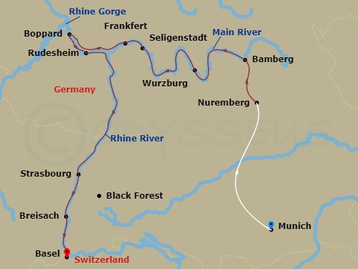 Route map: Munich, Germany → Munich → Munich-Nuremberg (Embarkation) → Bamberg → Wurzburg → Miltenberg → Frankfurt Excursion To Seligenstadt → Boppard → Strasbourg, France → Breisach, Germany (Black Forest)