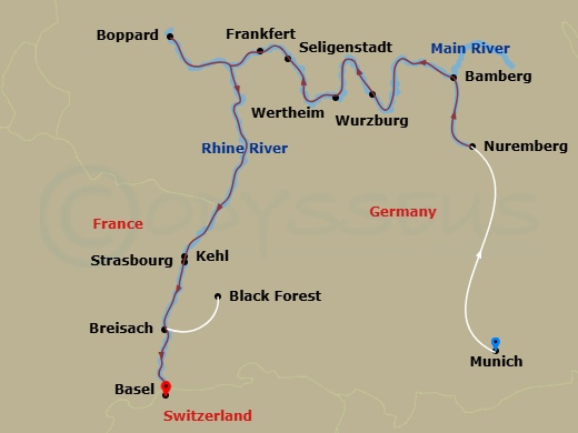 Route map: Munich, Germany → Munich → Munich-Nuremberg (Embarkation) → Bamberg → Wurzburg → Wertheim → Frankfurt Excursion To Seligenstadt → Boppard → Kehl Excursion To Strasbourg, France → Breisach, Germany (Black Forest)
