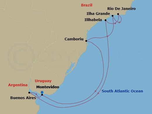 Route map: Montevideo → Camboriu (Brazil) → Copacabana (Rio de Jainero) Brazil → Rio De Janeiro → Illhabela → Buenos Aires → Montevideo