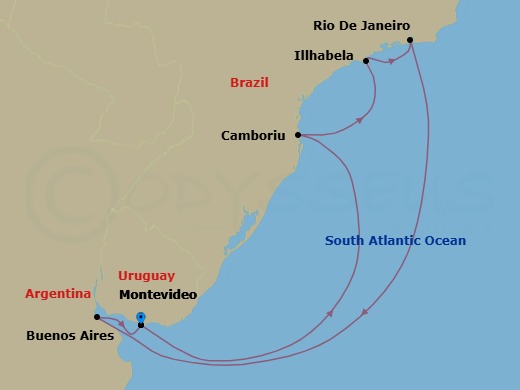 Route map: Montevideo → Camboriu (Brazil) → Illhabela → Rio De Janeiro → Buenos Aires → Montevideo