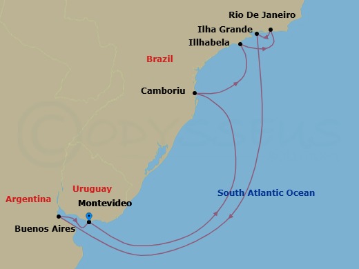 Route map: Montevideo → Camboriu (Brazil) → Illhabela → Rio De Janeiro → Copacabana (Rio de Jainero) Brazil → Buenos Aires → Montevideo
