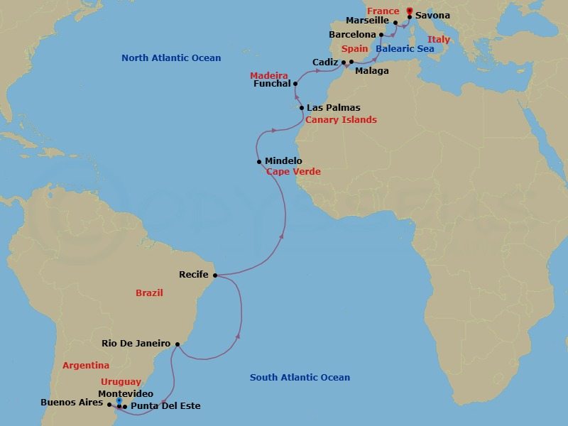 Route map: Montevideo → Punta del Este → Buenos Aires → Rio de Janeiro → Recife → Mindelo (Sao Vicente) → Las Palmas (Gran Canaria) → Funchal (Madeira) → Cadiz → Malaga