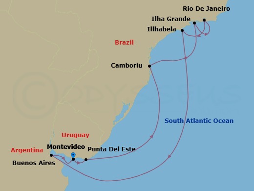 Route map: Montevideo → Punta Del Este → Camboriu (Brazil) → Copacabana (Rio de Jainero) Brazil → Rio De Janeiro → Illhabela → Buenos Aires → Montevideo