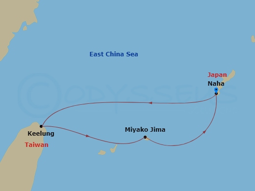 Route map: Naha (Okinawa) Japan → Keelung (Taipei) Taiwan (China) → Miyako Island Japan → Naha (Okinawa) Japan