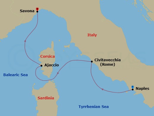 Route map: Naples → Civitavecchia (Rome) → Ajaccio (Corsica) → Savona