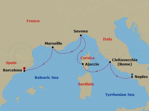 Route map: Naples → Rome (Civitavecchia) → Marseille (Provence), France → Savona → Marseille → Barcelona