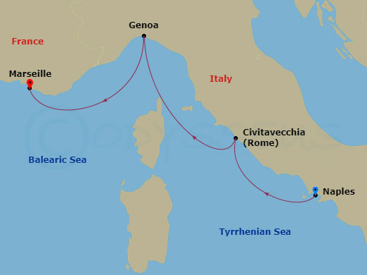 Route map: Naples (Italy) → Civitavecchia | Rome → Genoa | Portofino → Marseille (France)