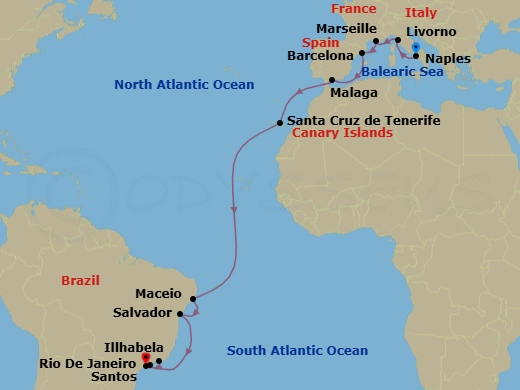 Route map: Naples (Pompeii) Italy → Livorno (Florence) Italy → Marseille (Provence) France → Barcelona Spain → Malaga (Granada) Spain → Santa Cruz de Tenerife (Canary Is) Spain → Maceio Brazil → Salvador Brazil → Rio de Janeiro Brazil → Ilhabela Brazil