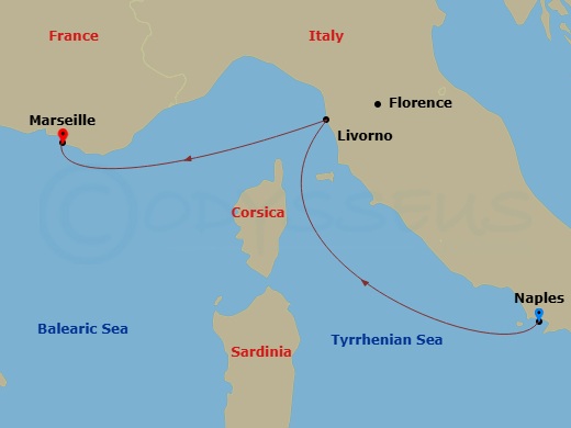 Route map: Naples (Pompeii) Italy → Livorno (Florence) Italy → Marseille (Provence) France