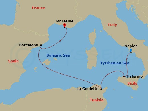 Route map: Naples (Pompeii) Italy → Palermo (Monreale) Italy → La Goulette Tunisia → Barcelona Spain → Marseille (Provence) France