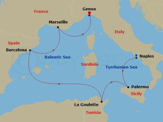 Route map: Naples (Pompeii) Italy → Palermo (Monreale) Italy → La Goulette Tunisia → Barcelona Spain → Marseille (Provence) France → Genoa (Portofino) Italy