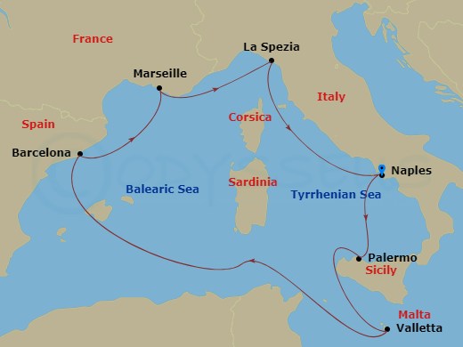 Route map: Naples (Pompeii) Italy → Palermo (Monreale) Italy → La Valletta Malta → Barcelona Spain → Marseille (Provence) France → La Spezia (Cinque Terre) Italy → Naples (Pompeii) Italy
