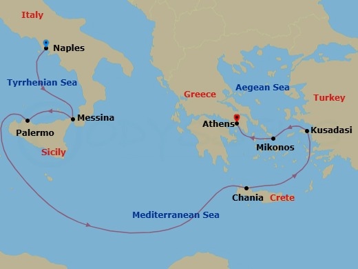 Route map: Naples, Italy (for Capri & Pompeii) → Sicily (Messina), Italy → Sicily (Palermo), Italy → Crete (Chania), Greece → Kusadasi, Turkey (for Ephesus) → Mykonos, Greece → Athens (Piraeus), Greece