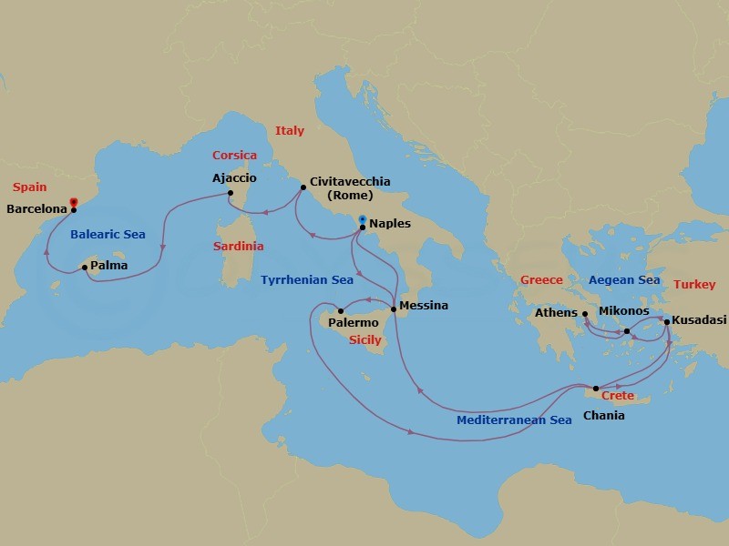 Route map: Naples, Italy (for Capri & Pompeii) → Sicily (Messina), Italy → Sicily (Palermo), Italy → Crete (Chania), Greece → Kusadasi, Turkey (for Ephesus) → Mykonos, Greece → Athens (Piraeus), Greece → Mykonos, Greece → Kusadasi, Turkey (for Ephesus) → Crete (Chania), Greece