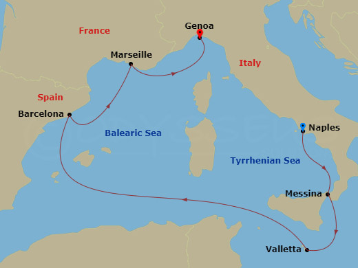 Route map: Naples (Pompeii) Italy → Messina (Taormina) Italy → La Valletta Malta → Barcelona Spain → Marseille (Provence) France → Genoa (Portofino) Italy