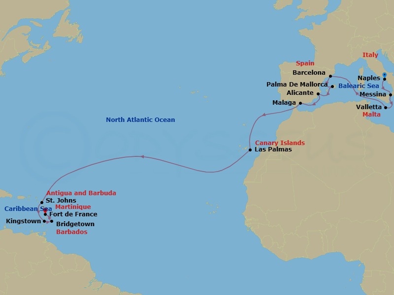Route map: Naples (Pompeii) Italy → Messina (Taormina) Italy → La Valletta Malta → Barcelona Spain → Palma de Mallorca (Baleari Is) Spain → Alicante Spain → Malaga (Granada) Spain → Las Palmas de GCanaria (Canary Is) Spain → St Johns Antigua and Barbuda → Kingstown St Vincent & The Grenadines