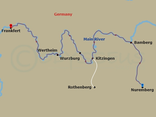 Route map: Nuremberg → Bamberg → Kitzingen (Rothenburg), Wurzburg → Wurzburg → Wertheim → Frankfurt