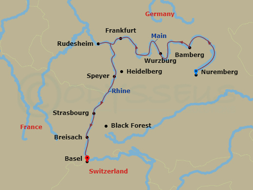 Route map: Nuremberg, Germany (Embarkation) → Nuremberg → Bamberg → Wurzburg → Miltenberg → Frankfurt Excursion To Rudesheim → Speyer Excursion To Heidelberg → Strasbourg, France → Breisach, Germany Excursion To Black Forest → Basel, Switzerland (Disembarkation)