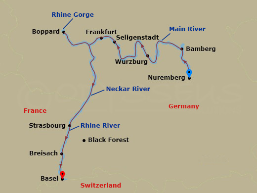 Route map: Nuremberg, Germany (Embarkation) → Bamberg → Wurzburg → Miltenberg → Frankfurt Excursion To Seligenstadt → Boppard → Strasbourg, France → Breisach, Germany (Black Forest) → Basel, Switzerland (Disembarkation)