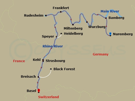 Route map: Nuremberg, Germany (Embarkation) → Nuremberg → Bamberg → Wurzburg → Miltenberg → Frankfurt Excursion To Rudesheim → Speyer Excursion To Heidelberg → Kehl Excursion To Strasbourg, France → Breisach, Germany Excursion To Black Forest → Basel, Switzerland (Disembarkation)