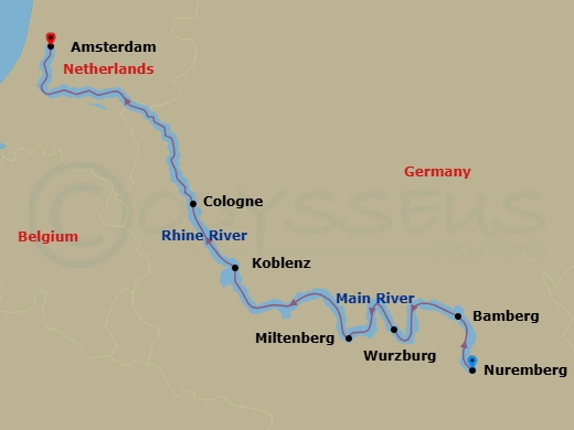 Route map: Nuremberg, Germany → Bamberg, Germany → Wurzburg, Germany → Miltenberg, Germany → Scenic Rhine → Koblenz, Germany → Cologne, Germany → Amsterdam, Netherlands