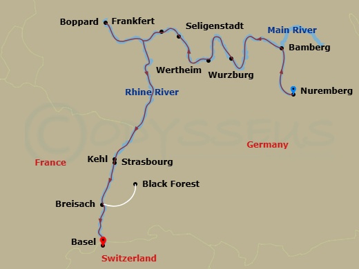 Route map: Nuremberg, Germany (Embarkation) → Bamberg → Wurzburg → Wertheim → Frankfurt Excursion To Seligenstadt → Boppard → Kehl Excursion To Strasbourg, France → Breisach, Germany (Black Forest) → Basel, Switzerland (Disembarkation)