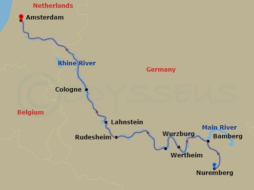 Route map: Nuremberg → Bamberg → Wurzburg → Wertheim → Rudesheim → Rhine Gorge → Lahnstein → Cologne → Amsterdam