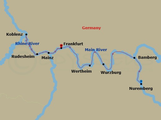 Route map: Nuremberg → Bamberg → Wurzburg → Wertheim → Rudesheim → Koblenz → Mainz → Frankfurt