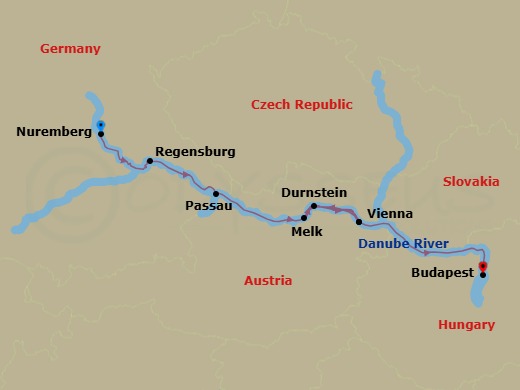 Route map: Nuremberg → Regensburg → Passau → Vienna → Melk → Durnstein → Vienna → Budapest