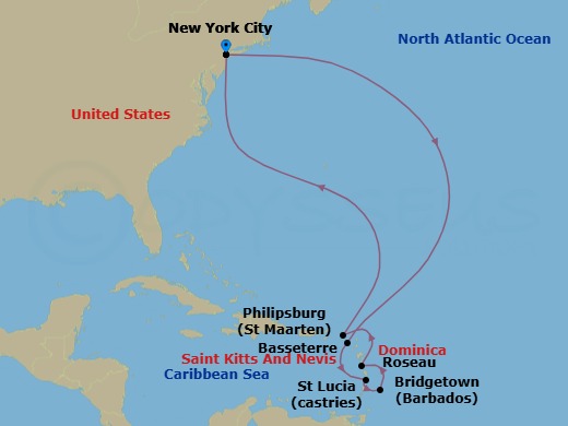 Route map: New York, NY, USA → Basseterre, St Kitts → Castries, St Lucia → Bridgetown, Barbados → Roseau, Dominica → Philipsburg, St Maarten → New York, NY, USA