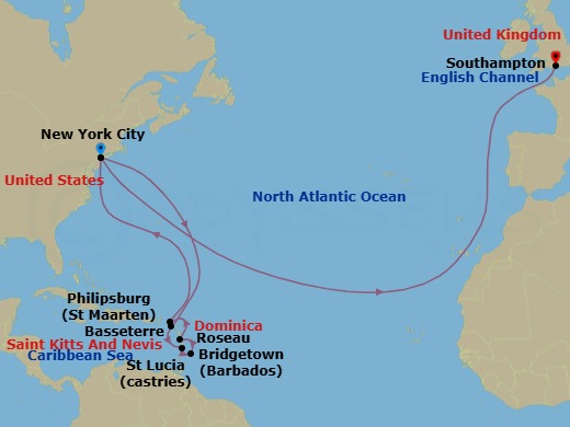 Route map: New York, NY, USA → Basseterre, St Kitts → Castries, St Lucia → Bridgetown, Barbados → Roseau, Dominica → Philipsburg, St Maarten → New York, NY, USA → Southampton, England, UK