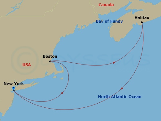 Route map: New York, NY, USA → Boston, MA, USA → Halifax, NS, Canada → New York, NY, USA