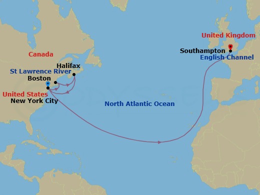 Route map: New York, NY, USA → Boston, MA, USA → Halifax, NS, Canada → New York, NY, USA → Southampton, England, UK