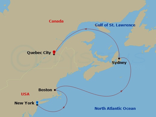 Route map: New York, NY, USA → Boston, MA, USA → Sydney, NS, Canada → Quebec, QC, Canada